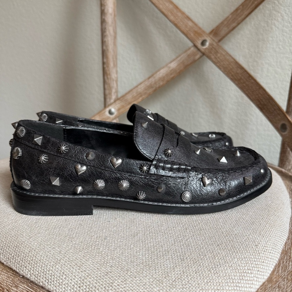 Free People Suki Black Studded Leather Penny Loafers size 7 - Picture 6 of 9